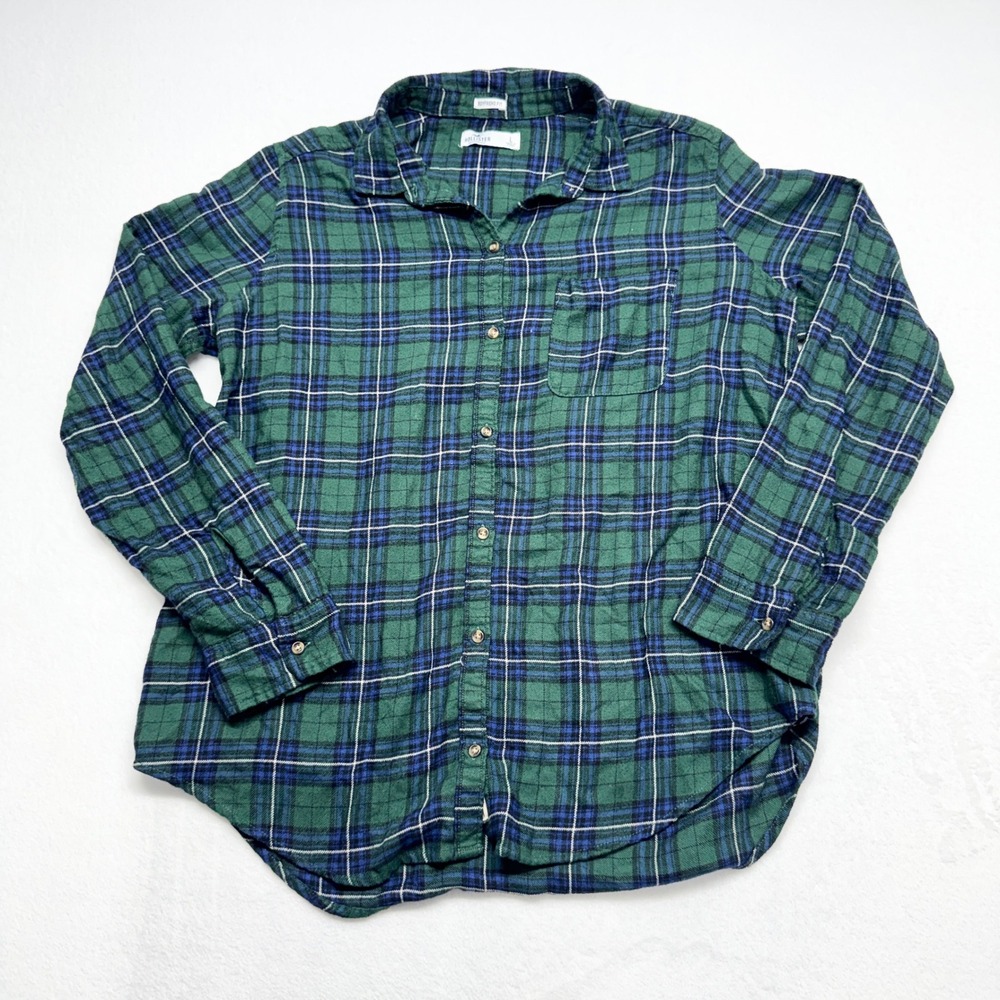 Hollister Boyfriend Fit Flannel Shirt Womens Size L Green Blue Plaid Viscose L